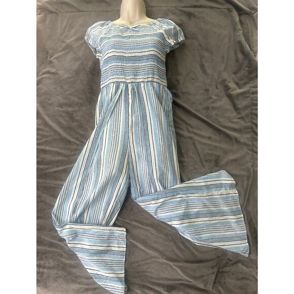 STAR RIDE Women Jumpsuit Blue Striped Wide Leg Smocked Y2K Coquette Summer 14/16 - Picture 1 of 11